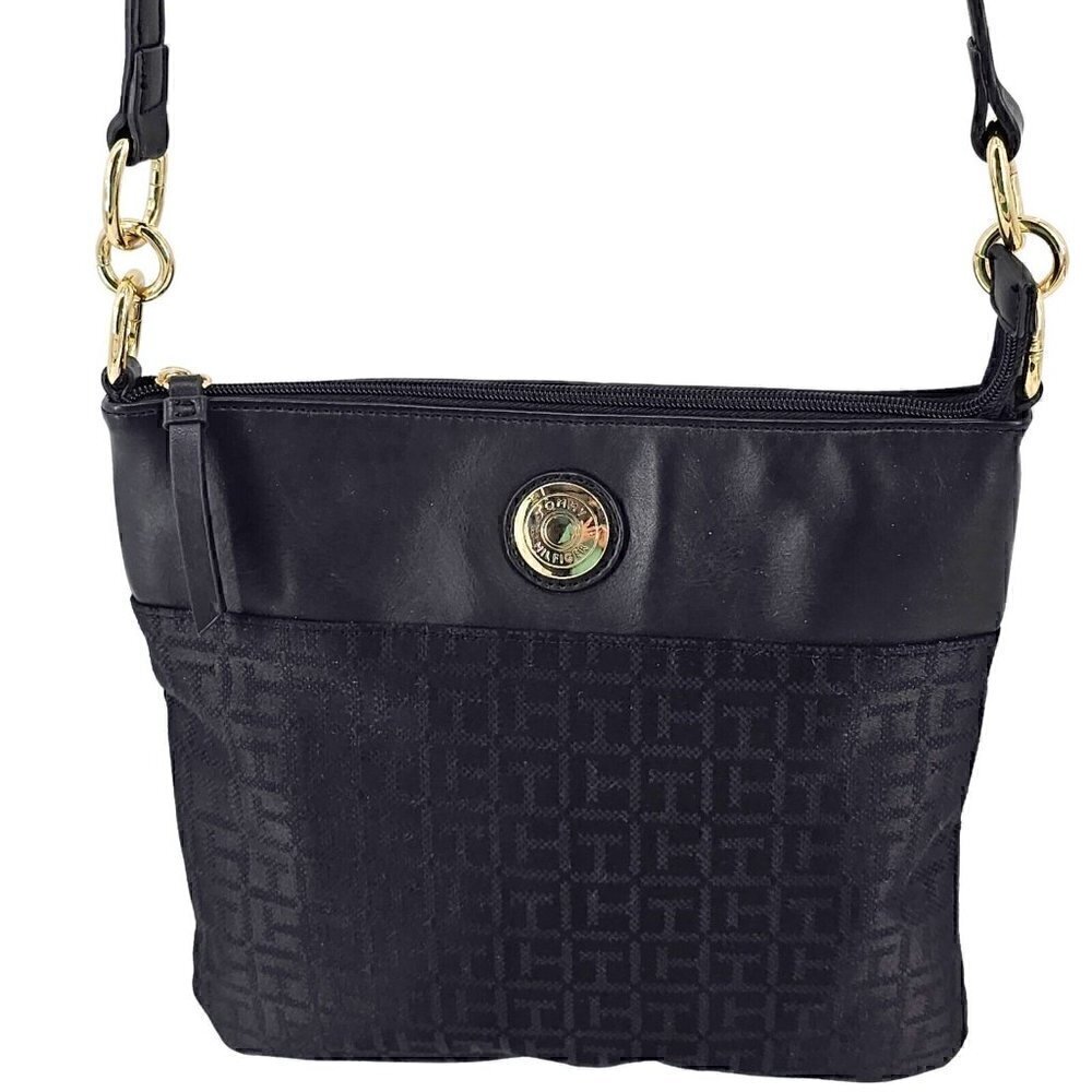 TOMMY HILFIGER Monogram Fabric Faux Smooth Black Leather Crossbody Shoulder Bag